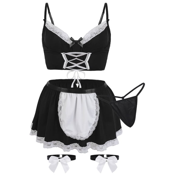 Ausing Womens Maid Lingerie Set Halloween Roleplay Costumes Mini Skirt Lace Up Crop Tank Top with Panties 5pc Black S