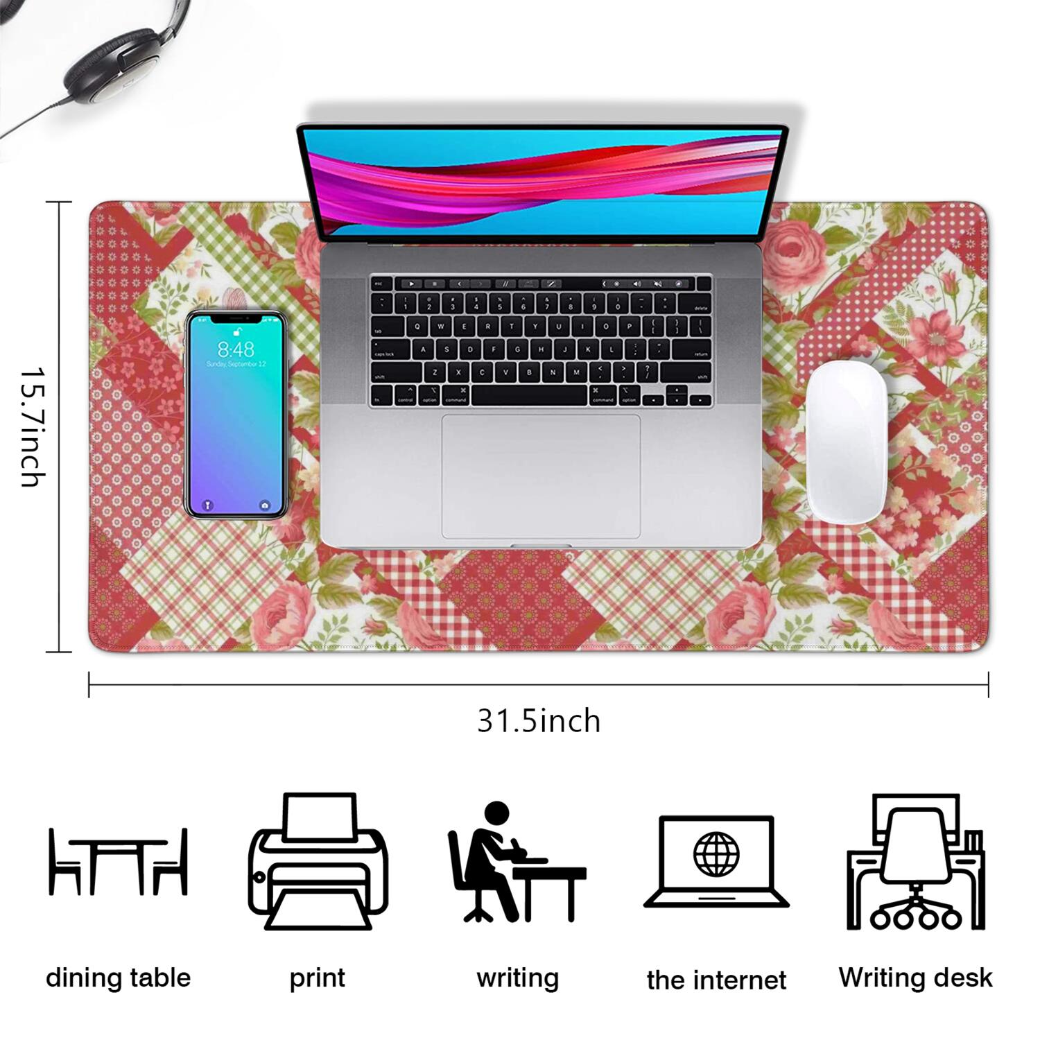 Long Mouse Pads for Desk,Pioneer Flower Floral Print Pattern Desk Mats on Top Of Desks, Desk Mouse Pad Extra Large with 3mm Non-Slip Base and Stitched Edge for Gaming,Office,Work,Home 31.5"x15.7"