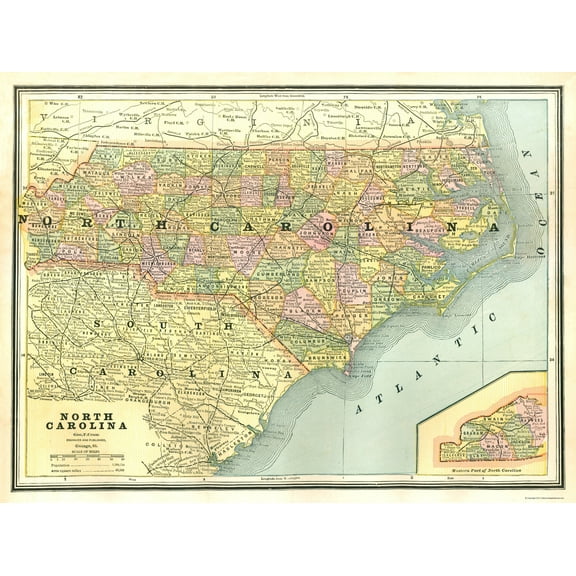 Historic State Map - North Carolina - Cram 1886 - 23 x 30.68 - Vintage Wall Art