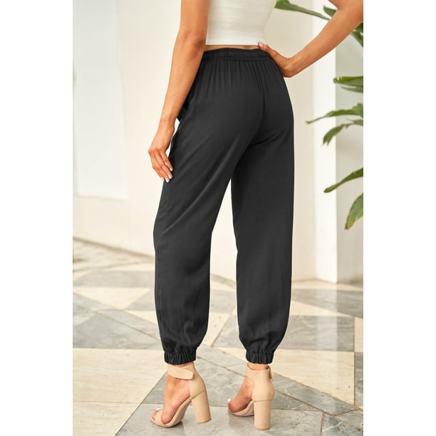 Women's Black Drawstring Elastic Waist Pull-on Casual Pants with Pockets
