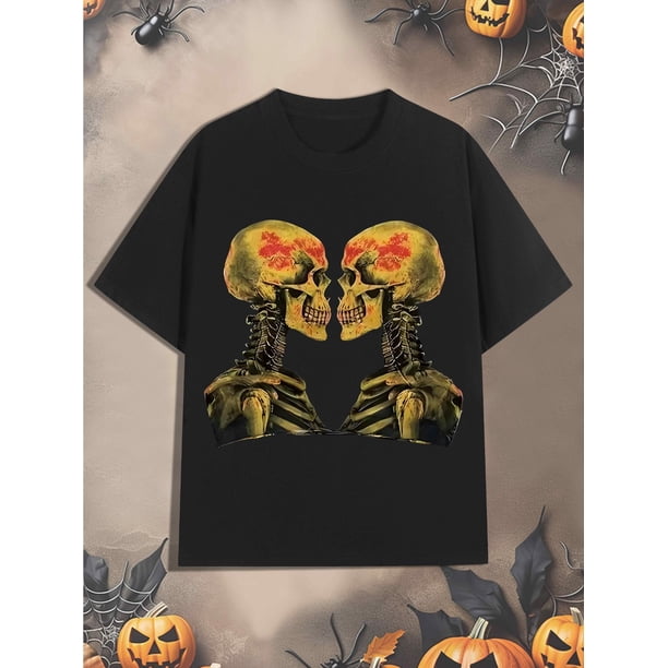 Camiseta de Halloween - Camiseta de algodón para hombre inspirada en el Y2K con estampado de calavera retro - Casual y elegante, perfecta para Halloween y ropa informal