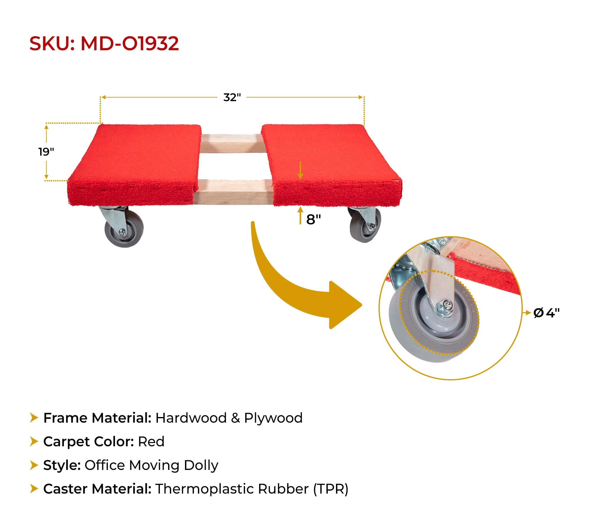 19" x 32" Carpeted Furniture Dolly 4 Wheels 1000 lbs. - Hardwood and Plywood Piano Moving Office Dolly with 3.5" x 4" Swivel Casters Mover