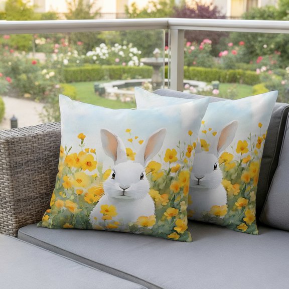 Easter Watercolor Cute Bunny Waterproof Throw Pillow Covers Set of 2 Rabbit Yellow Flower Garden Outdoor Cushion Cover Pillow Protector Decorative Pillowcases for Bed Sofa Couch,16x16in