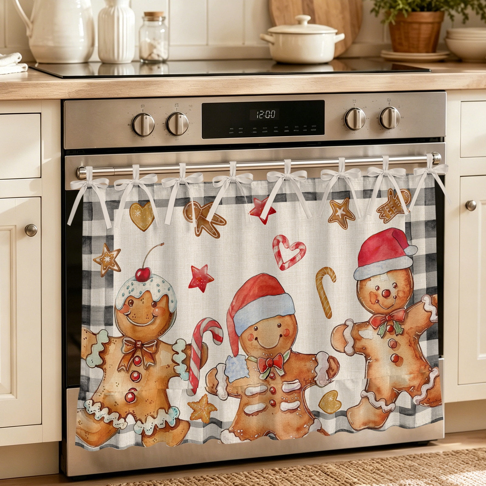 Oven Curtain for Kitchen Christmas Watercolor Man Stove Curtain With Ruffled Trim Dishwasher Curtains Dessert Linen Plaid Oven Skirt 27 x20