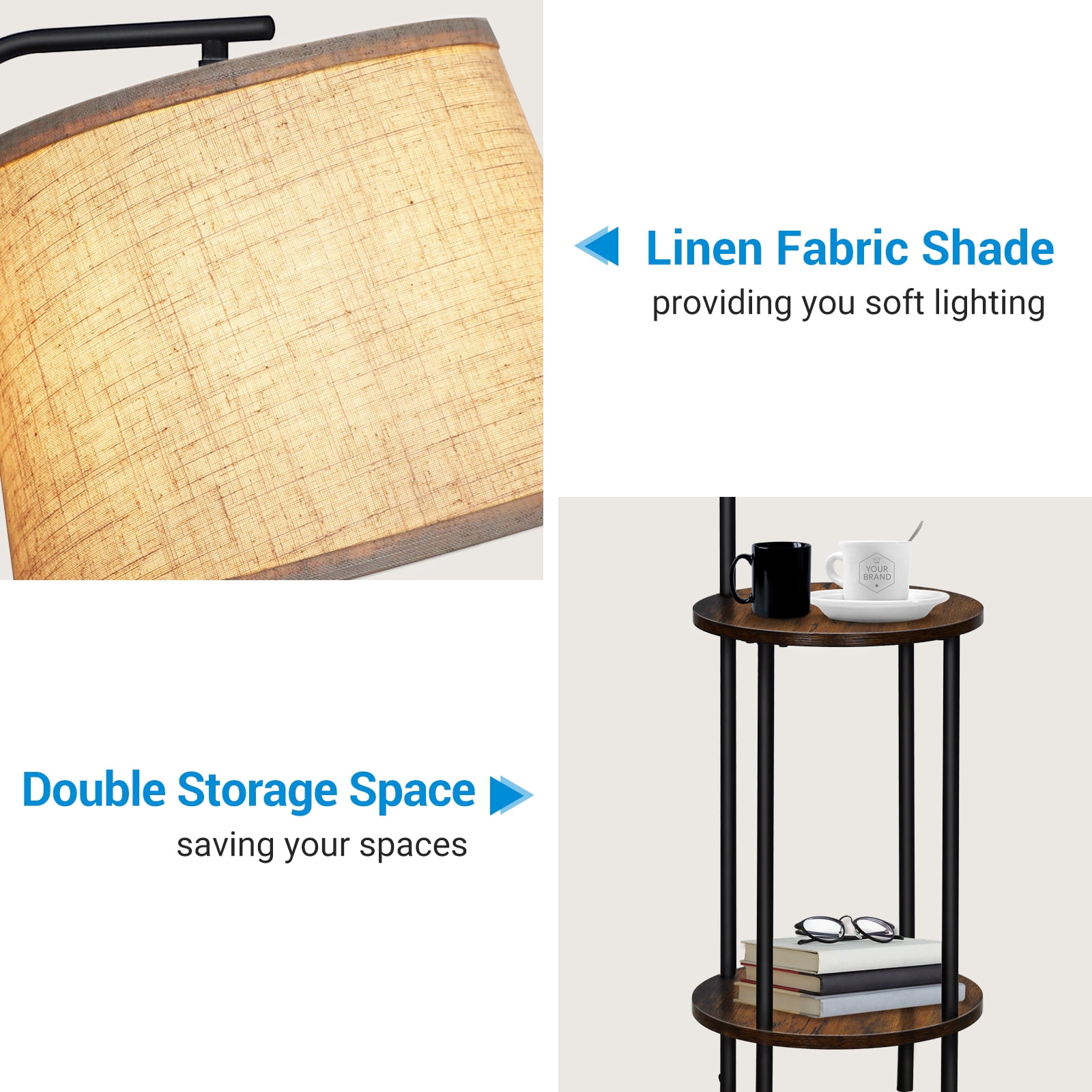 DEWENWILS Floor Lamp with Table for Living Room, 62in Rustic Farmhouse Wooden Floor Lamps, Attached End Table with Lamp for Bedroom, Office, Read Lighting, Home Decor, Brown