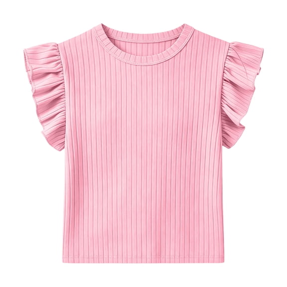 yillto Girl's Ruffled Short Sleeves Shirts Crew Neck Cute Ribbed Solid Color Summer Tshirt for Kids