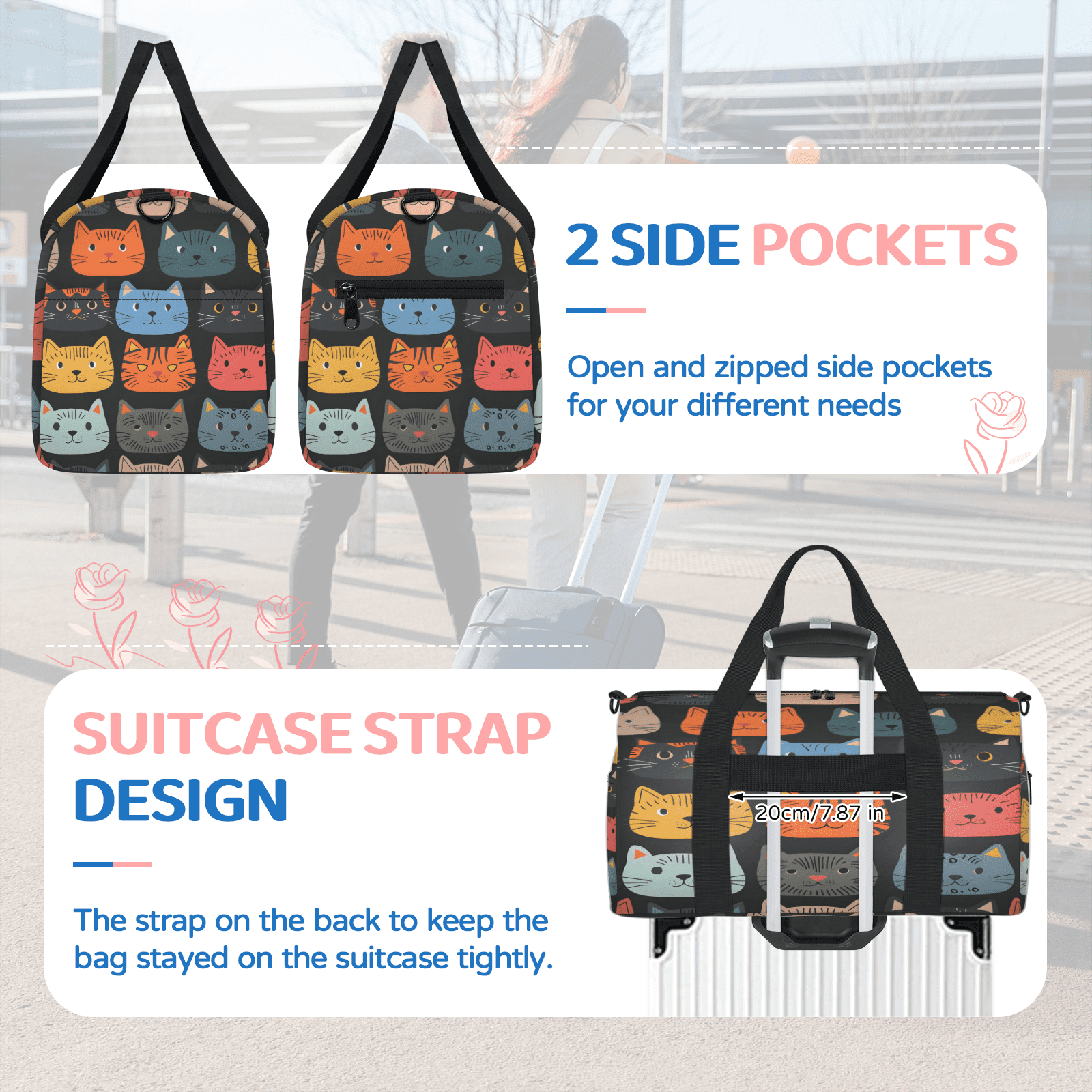 Herdesigns Cute Cartoon Cat Gym Bag for Women, Duffle Bag for Travel Sport, Lightweight Waterproof Carry on Weekender Overnight Dance Yoga Workout Bags