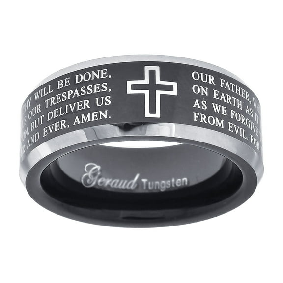 Tungsten Black Christian Cross with Prayer Beveled Edges Mens Comfort-fit 8mm Size-10 Bridal Anniversary Engagement Wedding Band