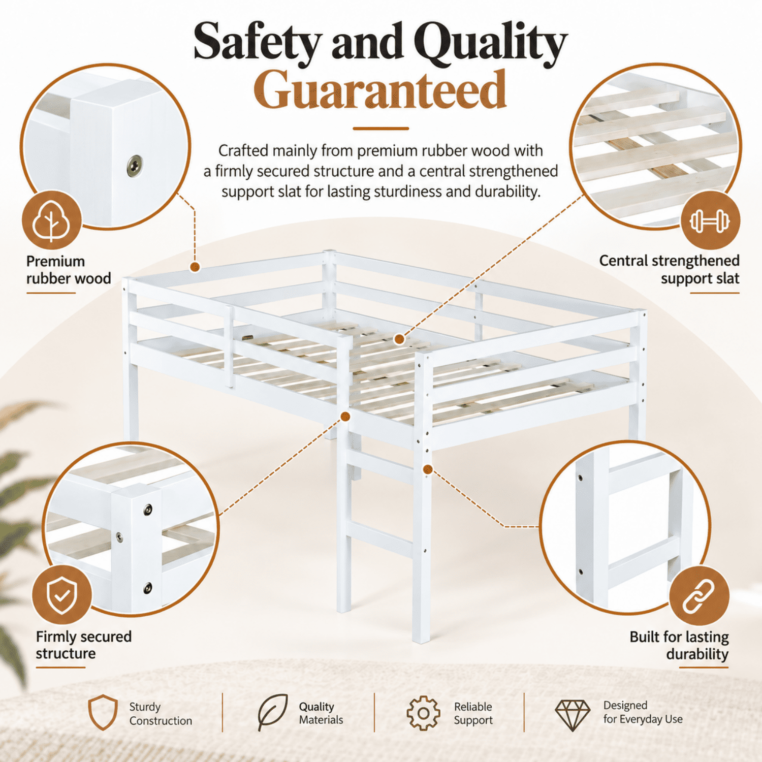 Miniyam Full Loft Bed for Kids, Solid Wood Frame with Ladder and Guardrails, Space-Saving Design, White