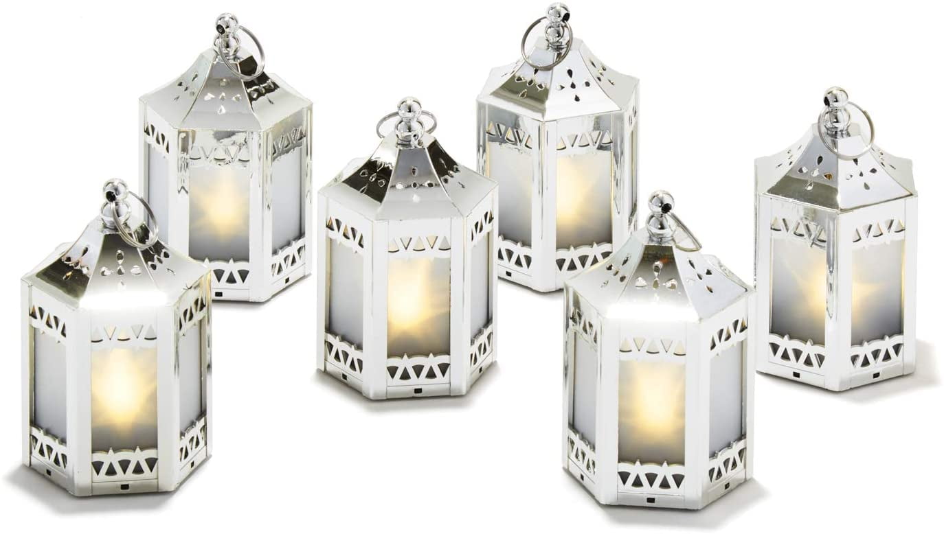 Lamplust Silver Metal Decorative Lantern with Fairy Lights, Set of 2 - 8 inch, Battery Operated, 30 Warm White LED Lights Inside, 6 Hour Timer, Home