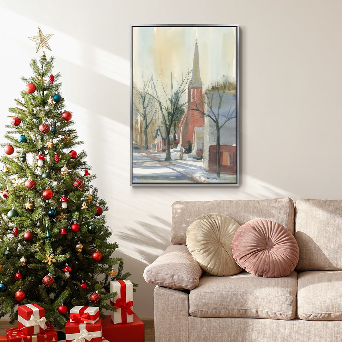 New England Main Street - Framed Gallery Wrapped Holiday Canvas - 17 x 25 - Silver Frame