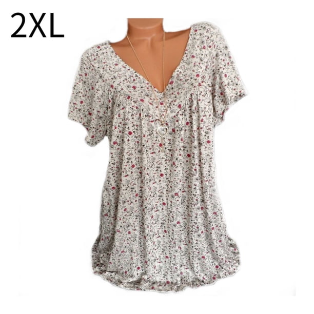 Camiseta de mujer con cuello en V, manga corta, camiseta de verano informal estampada, beige, XXL Scienceny AP001653-53