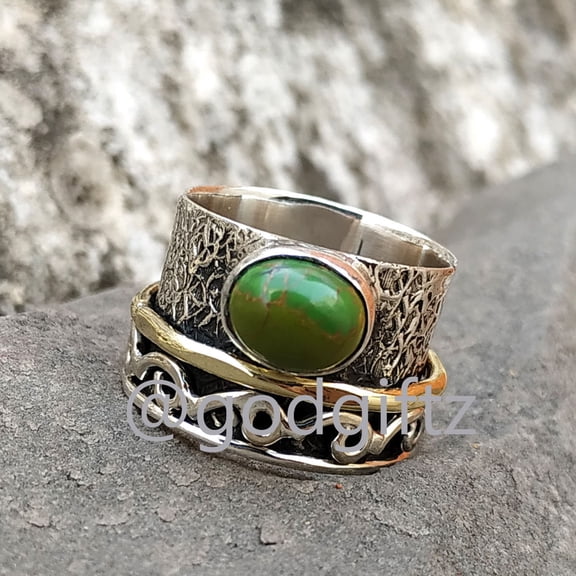 Inisha Creation Oxidized Texture Ring - Silver Swirl Detail Ring - Two Tone Ring - Mohave Green Turquoise Spinner Ring - Wide Band Spinner Ring - Silver