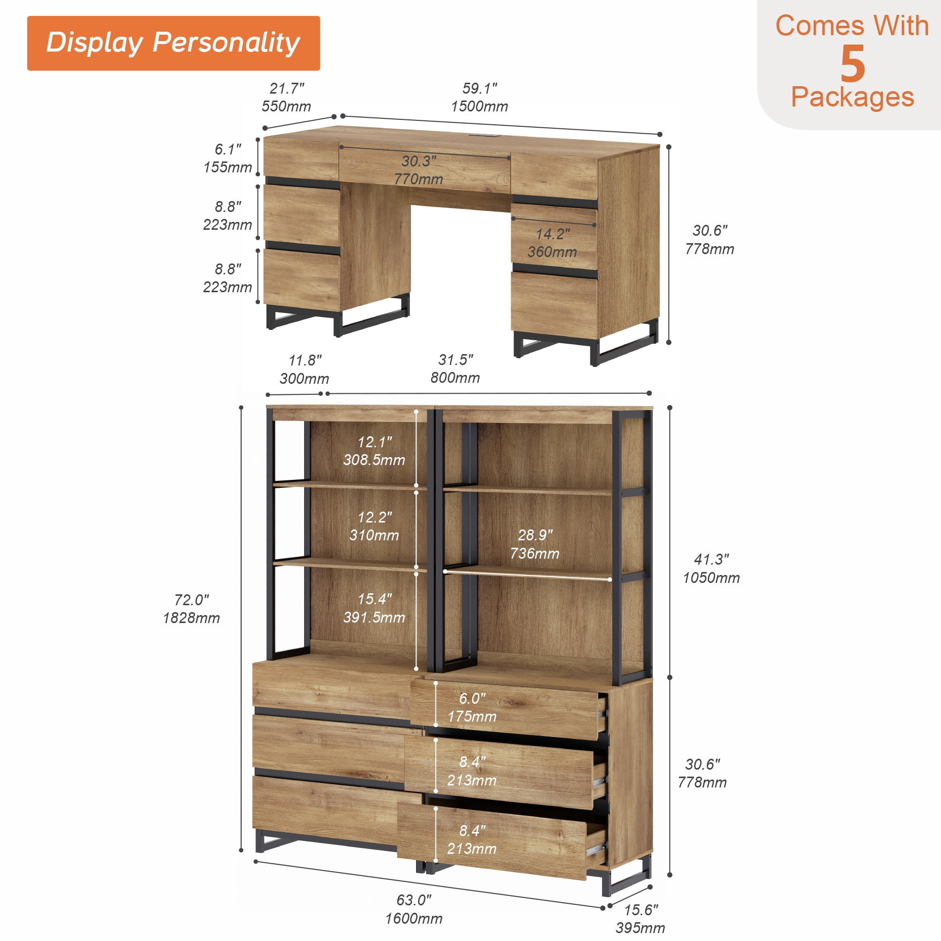 WAMPAT Home Office Furniture Set: 59in Modern Executive Desk with Charging Station and Drawers and 2 PCS 72in Tall Bookcases with 6 Drawers, Home Office Furniture for Living Room, Bedroom, Oak