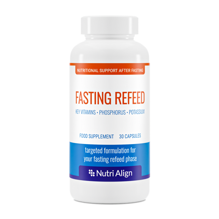 Nutri-Align Fasting Refeed Supplement for Smooth Extended Fasting Transition. Extra-Strong B-Vitamins Plus Phosphorus and Potassium. Part of Nutri-Align Fasting Supplements Range. 30 Capsules.