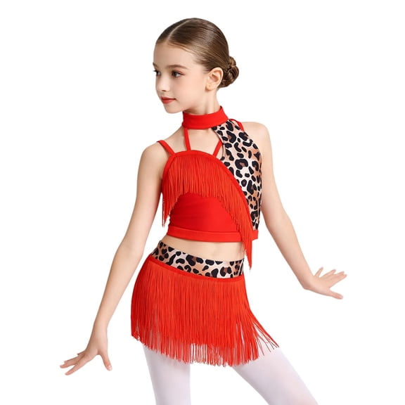 Doomiva Latin Dance Outfit for Girls Jazz Ballet Modern Dancewear Asymmetrical Tassel Vest with Fringed Skirt Red 16