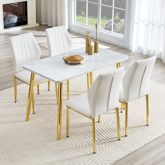 LiviNest Small Space Dining Set for Apartments: 4-6 Seat Table with 250lb Capacity - 47.3" White Marble Glass Top & Gold Legs - Ergonomic 37" High PU Chairs for Modern Kitchen & Breakfast Nook