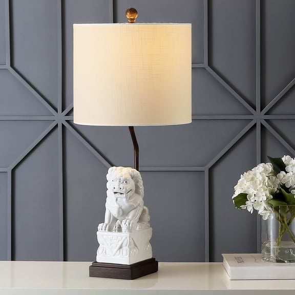 JONATHAN Y Guardian Lion 27.5" Ceramic Classic Modern LED Table Lamp, White, JYL4038A
