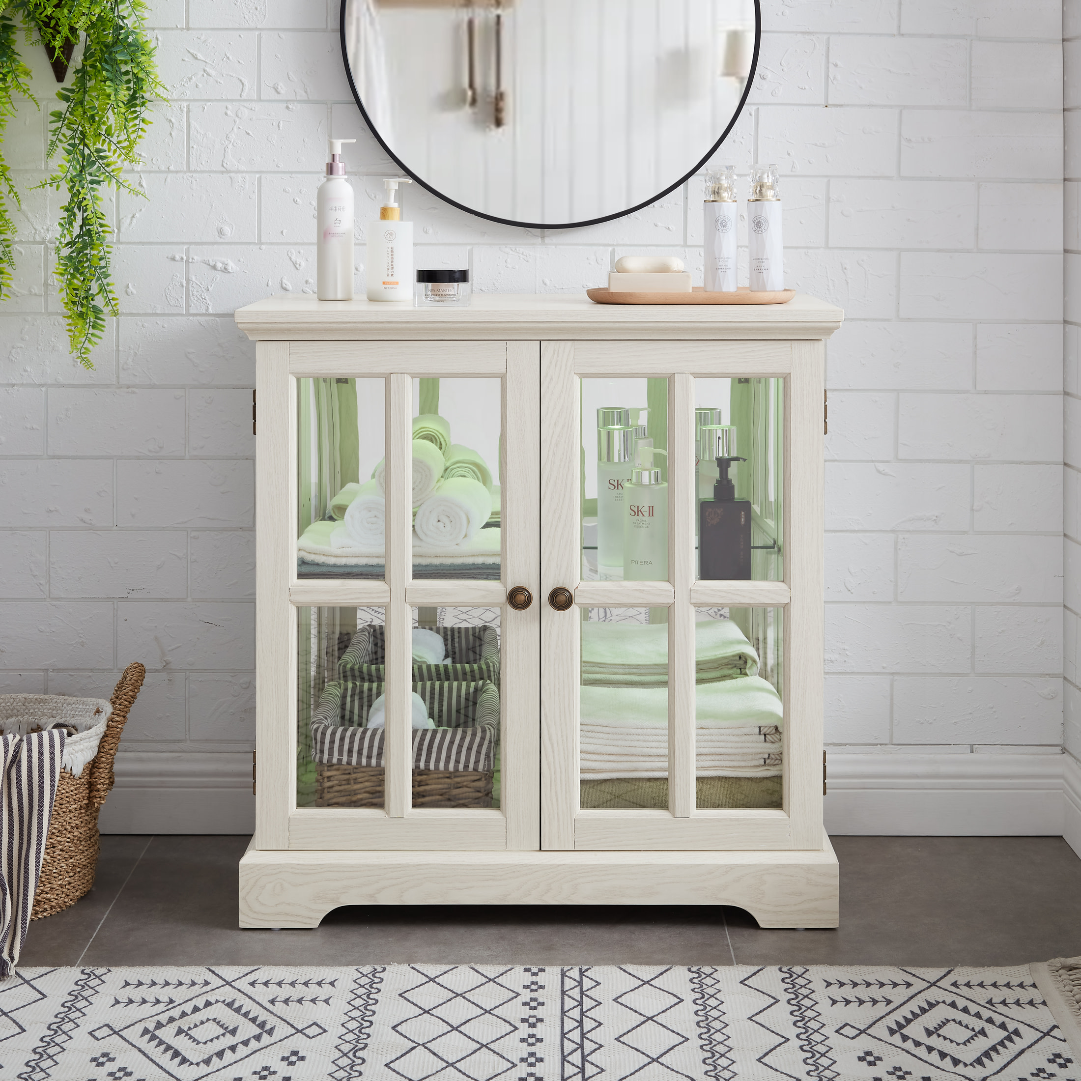 Noble House Belmere LED Curio Display Cabinet, 2-Door Antique Glass Bookcase with Adjustable Shelves, White