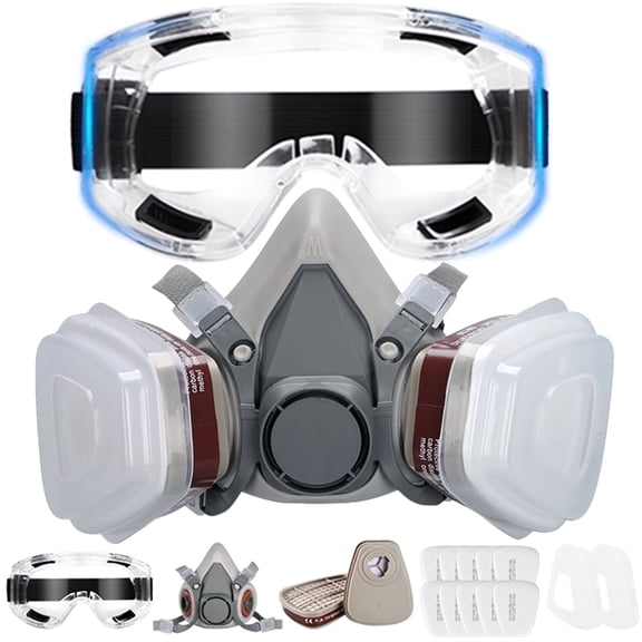 XAirClad Half Face Respirator with Anti-Fog Goggles and Activated Carbon Filters for Industrial Work, 16 Count, One Size