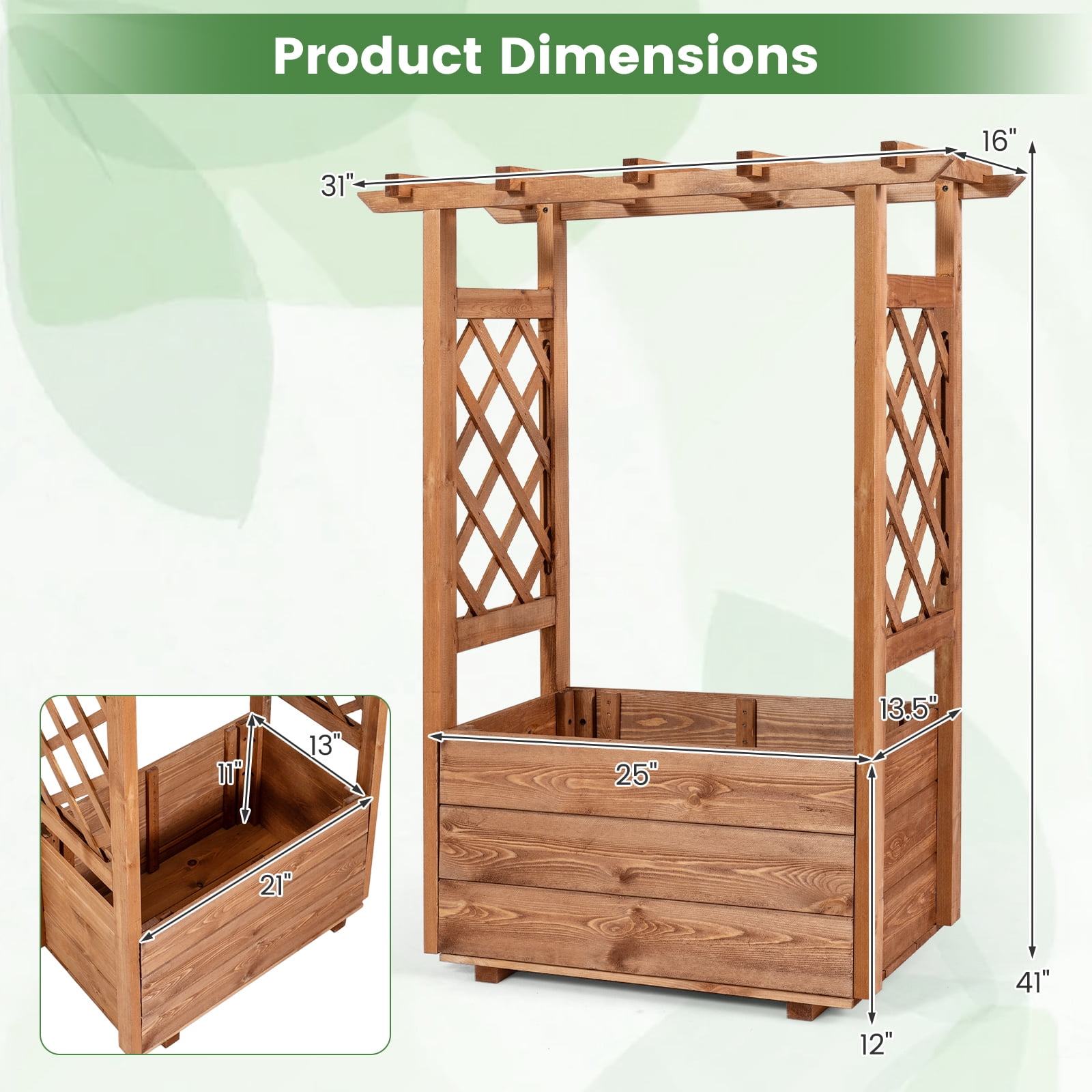 Gymax Wooden Raised Garden Bed/ Lattice Trellises Hanging Roof Drainage Indoor Outdoor