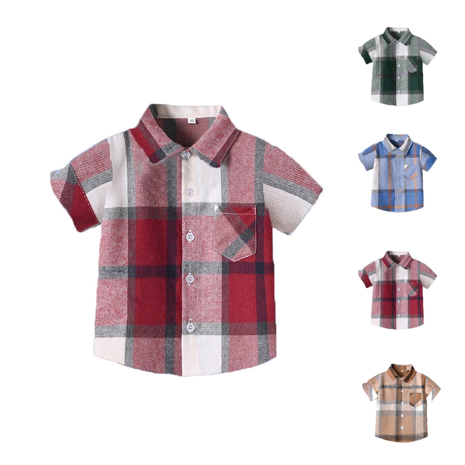 Bovxnpu Kids Summer Tops Toddler Boys Button Down Shirt Boys Short Sleeve Lapel Lattice Top 13-18 Months