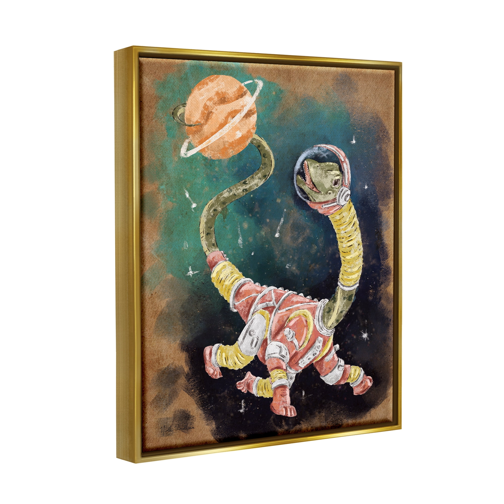 Stupell Industries Dinosaur in Outer Space Animals & Insects Painting Gold Floater Framed Art Print Wall Art, 17 x 21