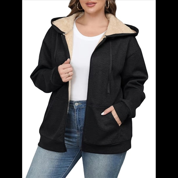 Sudadera con Capucha de Invierno de Larga con Cremallera para Mujer, Informal, Cálida y Acogedora, con Forro , para Otoño. Negro 4XL