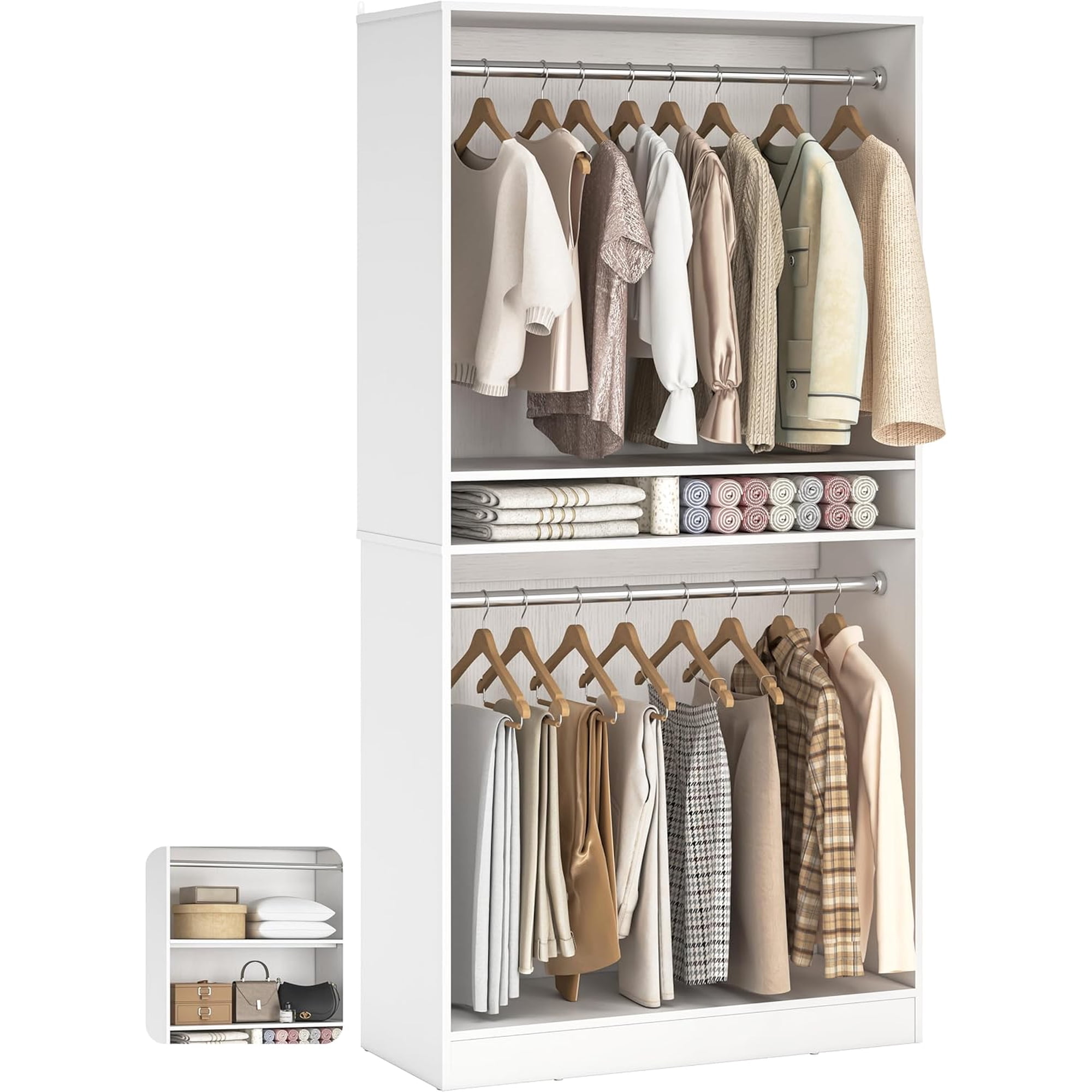 Closet System with Hanging Rods Adjustable Wooden Closet Organizer Tower with Shelves Sturdy Clothes Garment Rack Wardrobe Storage Organizer for Small Closets and Bedroom