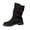 Black, variant on Womens Mid Calf Boots Round Toe Slouch Shaft Double Buckle Straps Ribbed Knit Cuff Low Block Heel for Winter Casual Wear