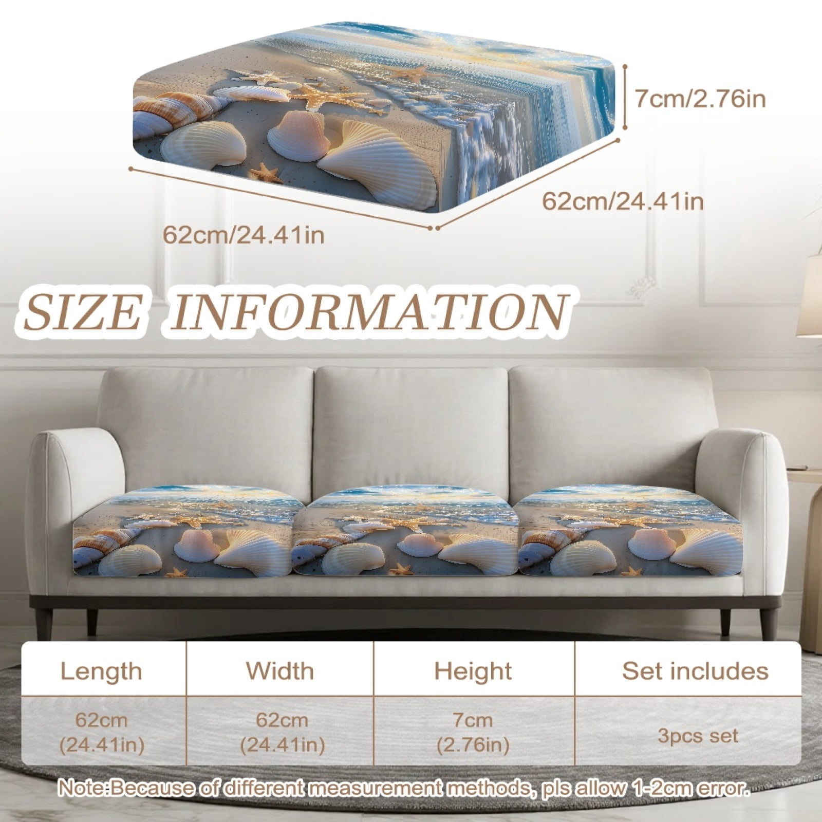 COEQINE Stretch Sofa Cover Fitted Individual Couch Cushion Cover Patterned Seat Cushion Slipcover Pet Sofa Slipcover Replacement for Living Room, 3 Pack, Beach Starfish Blue