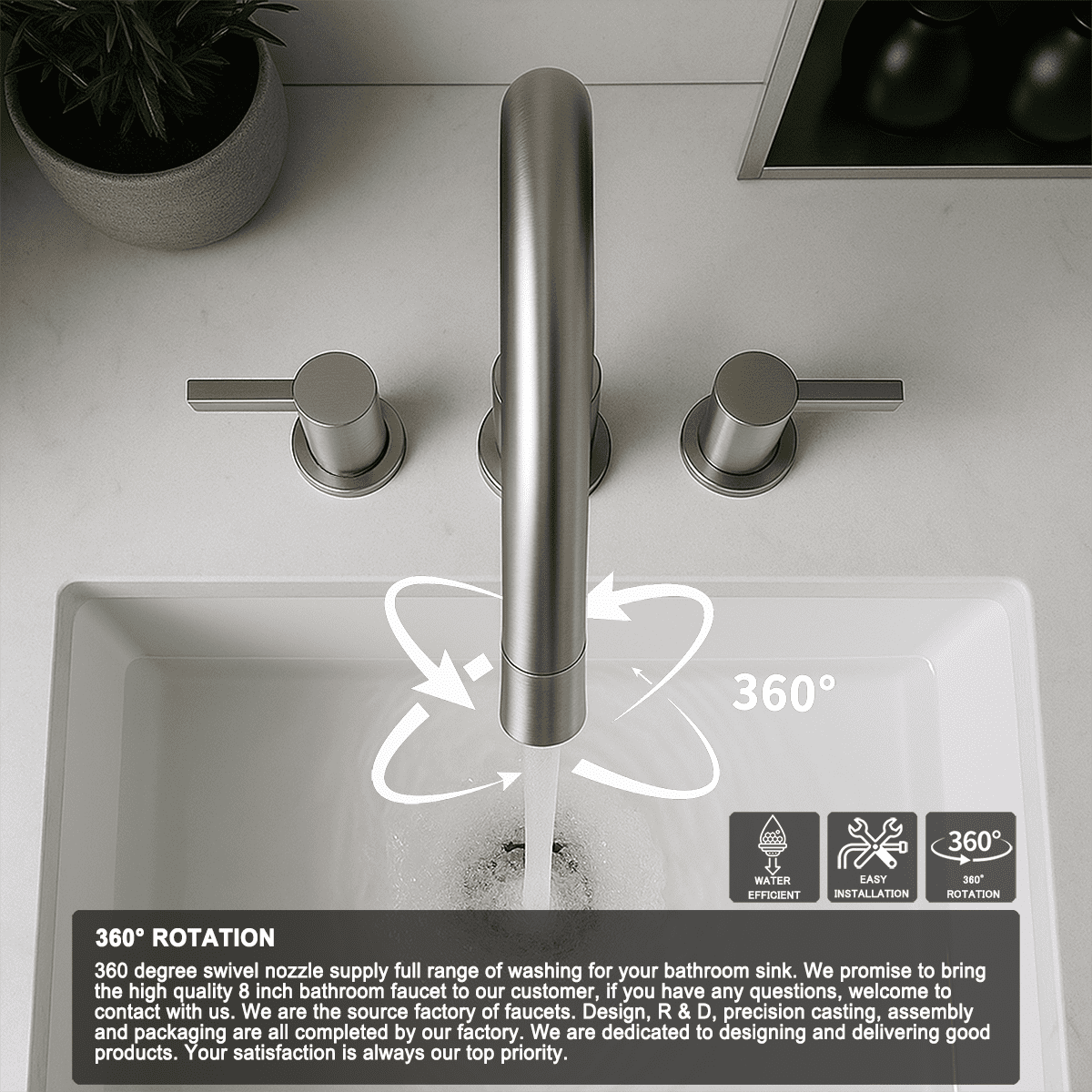 Brushed Nickel 3-Hole Bathroom Faucet, Dual 304 Stainless Steel Handles, Modern Lead-Free Ceramic Valve Faucet, 1.5 GPM Straight Spout for Sink