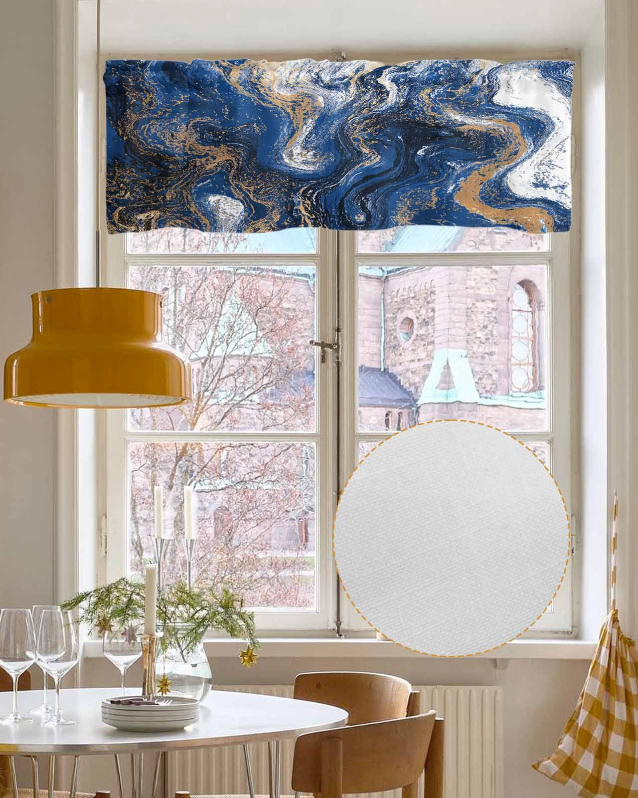 Blue Marble Kitchen Valances for Windows Farmhouse Linen Window Valance Curtain for Living Room Window Treatment Modern Minimalist Abstract Fluid Art Valance Rod Pocket Topper Drape, 42 x 12 Inch