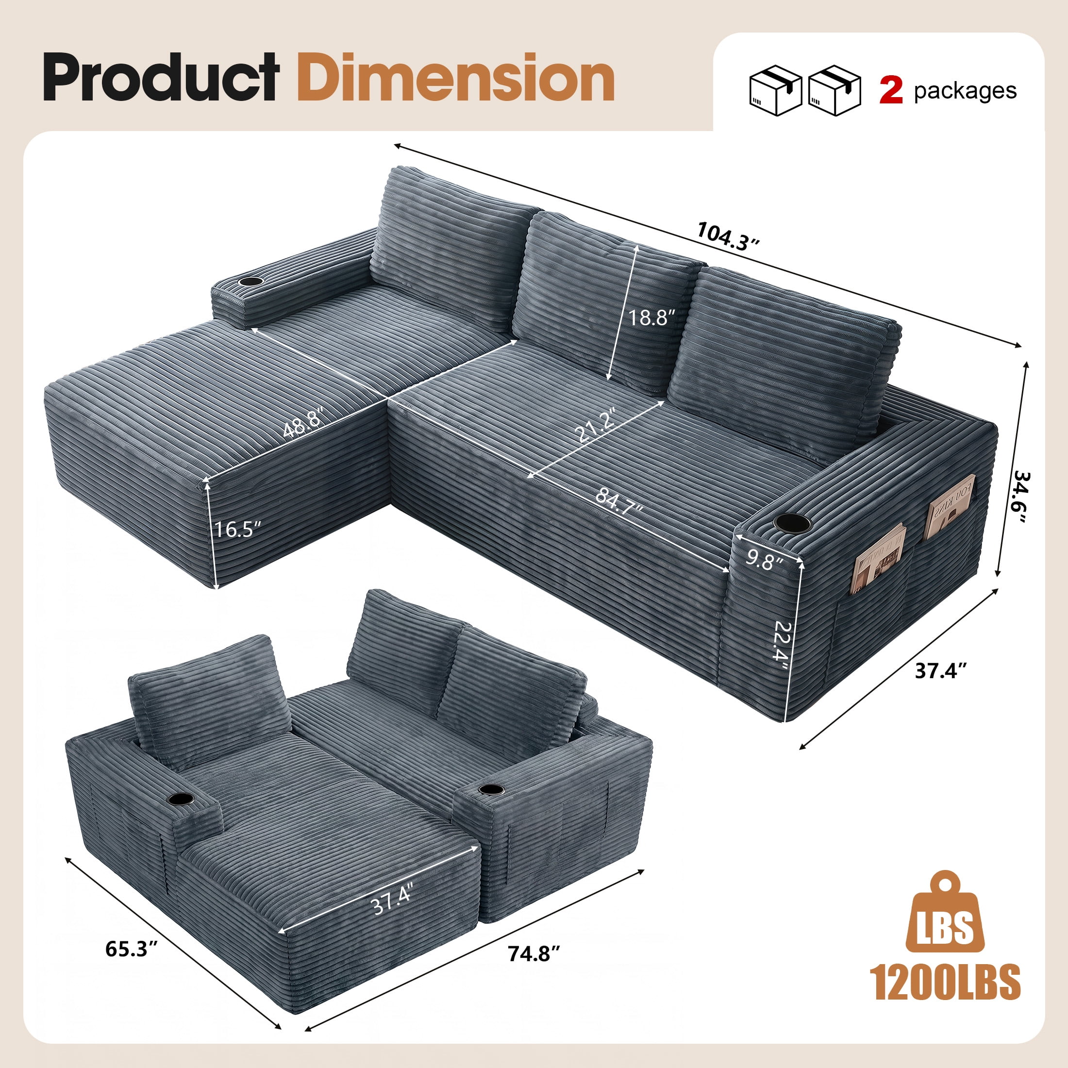 Aenkyo 104 Inch Corduroy L-Shaped Cloud Sectional Sofa with Left Facing Chaise and Cup Holders, Gray