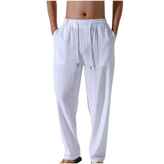 cfhntfmh Men's Casual Linen Pants Beach Summer Vacation Trousers Lightweight Linen Pants with Elastic Waist Drawstring（White,X-Large)