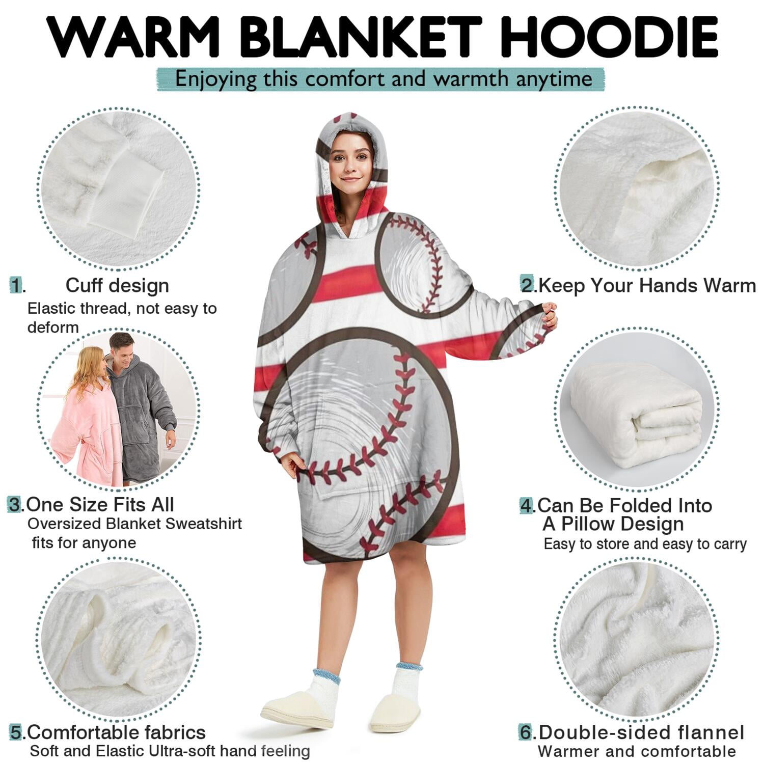 Red and White Striped Baseballs Pattern Wearable Oversized Blanket,Wearable Blanket Hoodie for Adults,Cozy Hooded Blankets with Super Pockets,Super Warm Fuzzy Pullover for Women & Men
