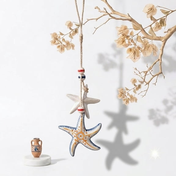 Mediterranean Nautical Wall Hanging Decor, Wooden Starfish and Fish Hanging Ornament, Coastal Beach Style Rope Decor for Home, Cafe, Restaurant, Bathroom, Ocean Theme Wall Art