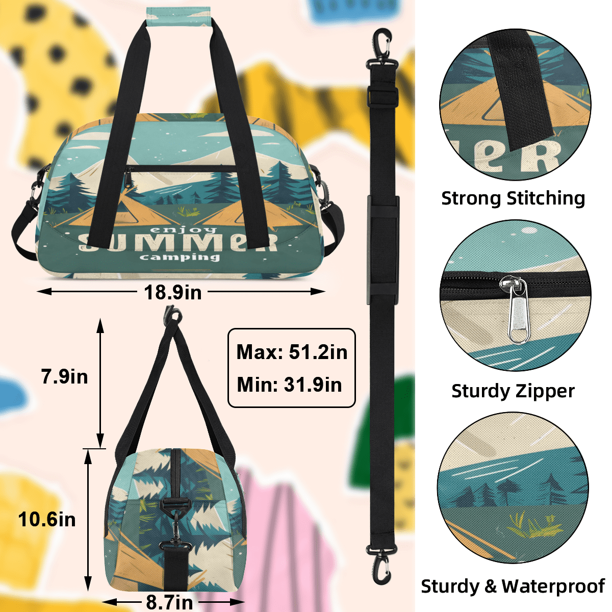 Herdesigns Camping Theme Sports Duffle Bag for Women & Men, Gym Bag Dance Bag Overnight Bag Carry On Weekender Travel Bag