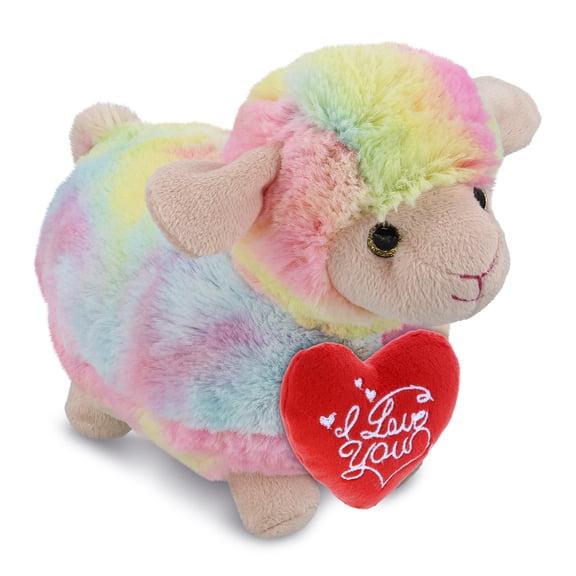 DolliBu I Love You Plush Super Soft Rainbow Sheep - Cute Stuffed Animal Sheep with Red Heart Plush for Valentines, Anniversary, Romantic Date, Boyfriend, or Girlfriend Gift - 7 Inches