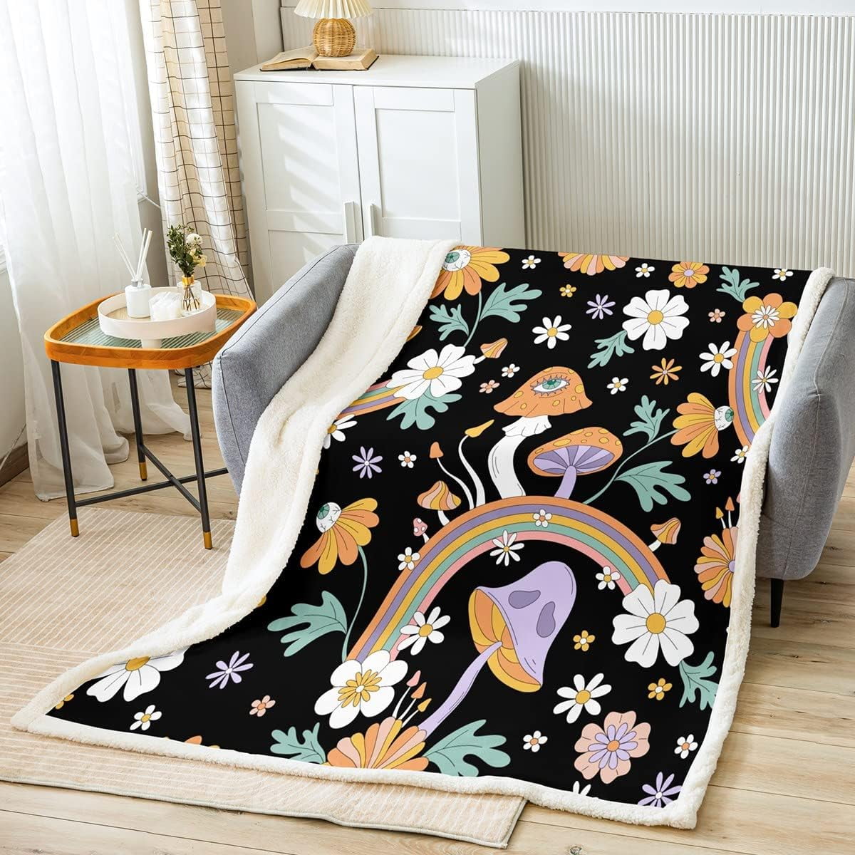 Trippy Mushroom Fleece Blanket Groovy Floral Sherpa Blanket Cute Rainbow Blanket Baby Size Two Groovy Party Boho Hippie Mushroom Throw Blanket for Sofa Retro Party Decorations Plush Blanket