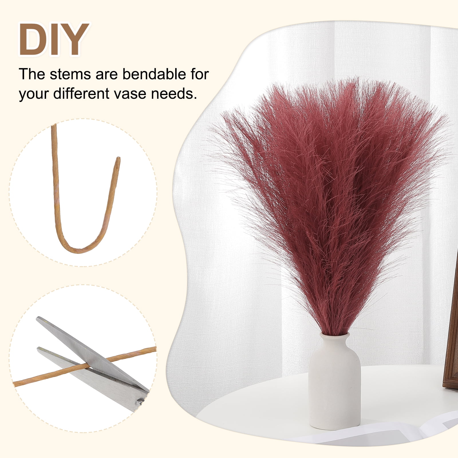 Uxcell 24" Pampas Grass Decor 30Pcs Artificial Pampas Grass Bulk Fluffy Faux Pampas Grass Small Dried Dark Red