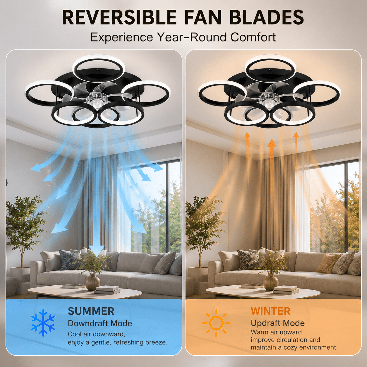 Garwarm 24.8" Black Ceiling Fan with Lights and Remote, Low Profile Flush Mount Fandelier, 6-Speed Reversible Ceiling Fan, Dimmable LED Light 3000K-6500K for Bedroom, Living Room