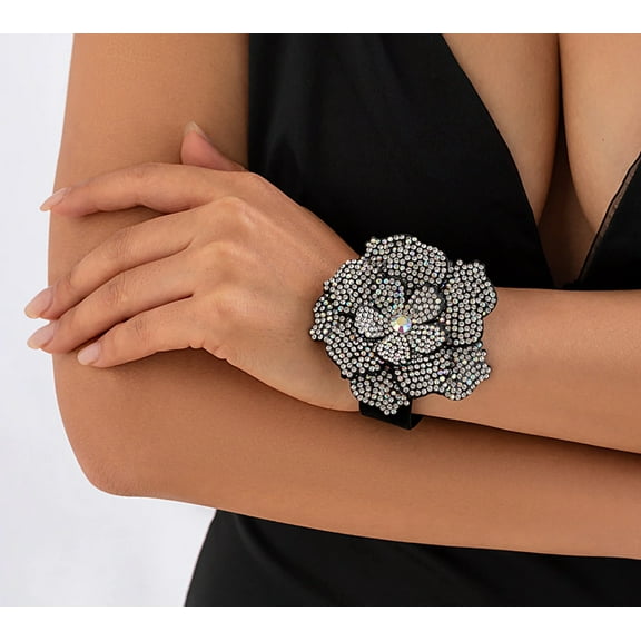 Black And Crystal Flower Cuff Bracelet