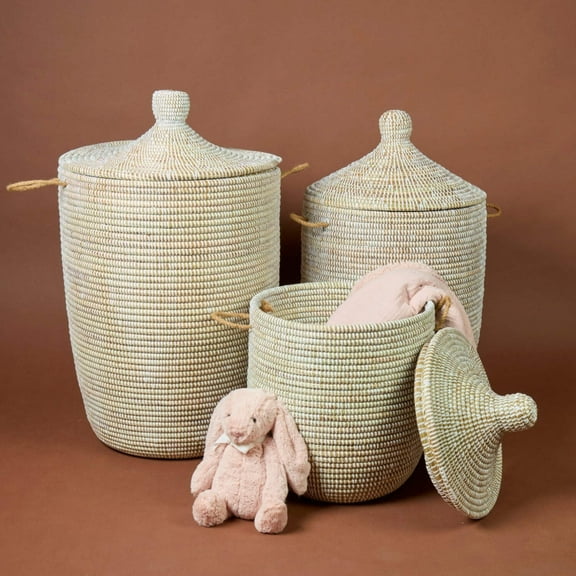 Decorative Wicker Basket with Lid  Handles, Clothes Hamper, Nursery Basket, Toy Storage, African Woven, Hood Lid, White, Small Size