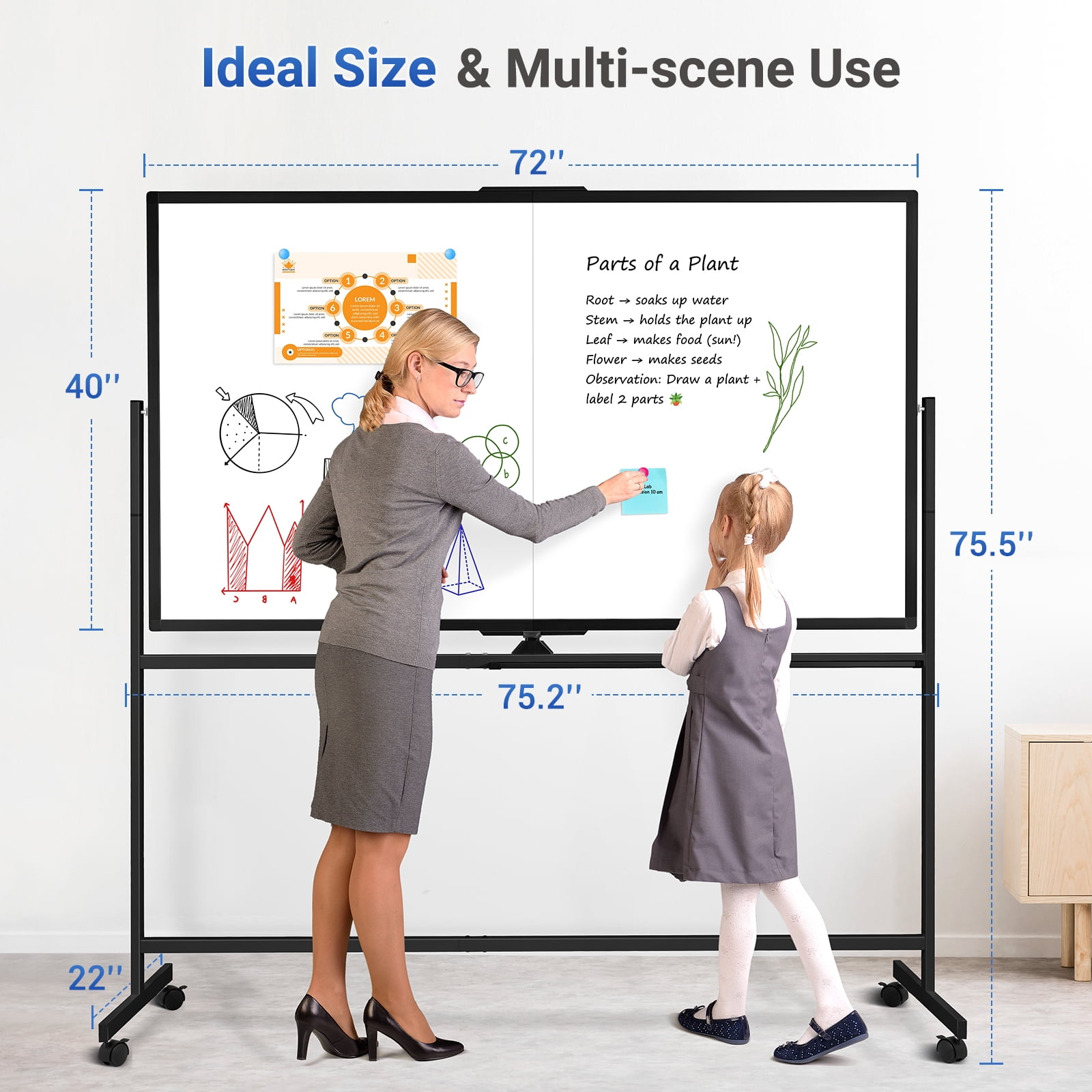 DOLLAR BOSS Rolling Whiteboard on Wheels 72"x40" Double-Sided Dry Erase Board with Stand Big White Board with Stand Large Whiteboard Portable Magnetic Mobile White Board, Black