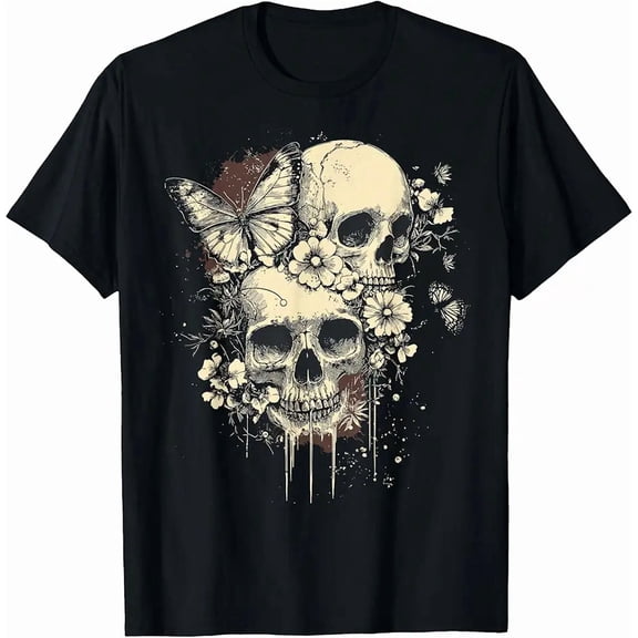 Men's Vintage Gothic Floral Butterfly Skull Graphic T-Shirt