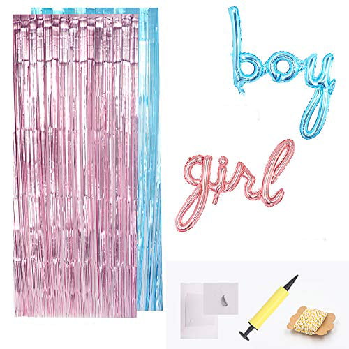 Boy or Girl Gender Reveal Party Supplies Kit Inclouding Gender Reveal Balloon Pink and Blue Confetti Packs for Boy or Girl,Metallic Tinsel Foil Fringe Curtains Photo Backdrop,Team Boy and Team Girl Sticks Gender Reveal Decorations Mommy to Be Sash 