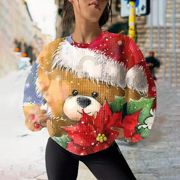 WXLWZYWL Womens Ugly Christmas Sweater Funny Sweatshirts Holiday 3D Print Trendy Cute Long Sleeve Pullover 2024 Loose Christmas Sweaters Pullover