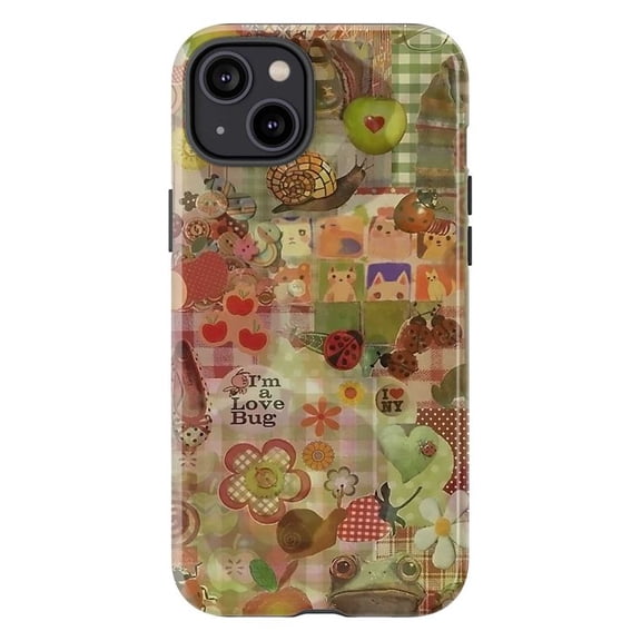 Whimsical Love Bug Sticker Phone Case, Cute Snail, Ladybug, and Floral Pattern for iPhone 16 15 14 13 12 11 Pro Max Plus Mini