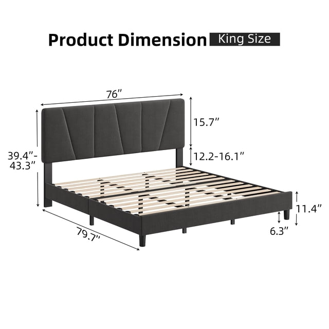 Yiwa Upholstered Twin/Full/King Size Bed Frame, Adjustable Headboard, Strong Wooden Slats Support, No Box Spring Needed, Easy Assembly